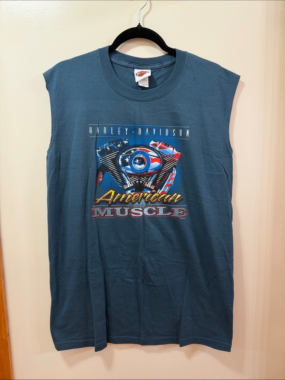 Harley-Davidson Teal Sleeveless Tank with American Muscle Graphic. Spokane, WA
